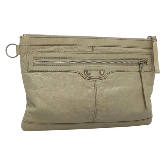 BALENCIAGA Classic Clip M Clutch Bag Leather Beige Silver Auth bs27985 - Picture 1 of 16